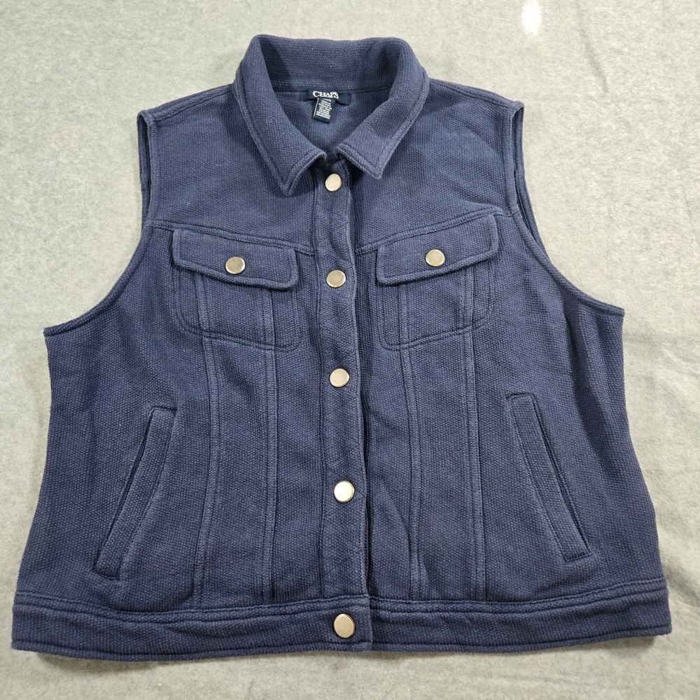 Chaps Womens Navy Blue Knit Button Front Vest Waffle Texture Pockets Large